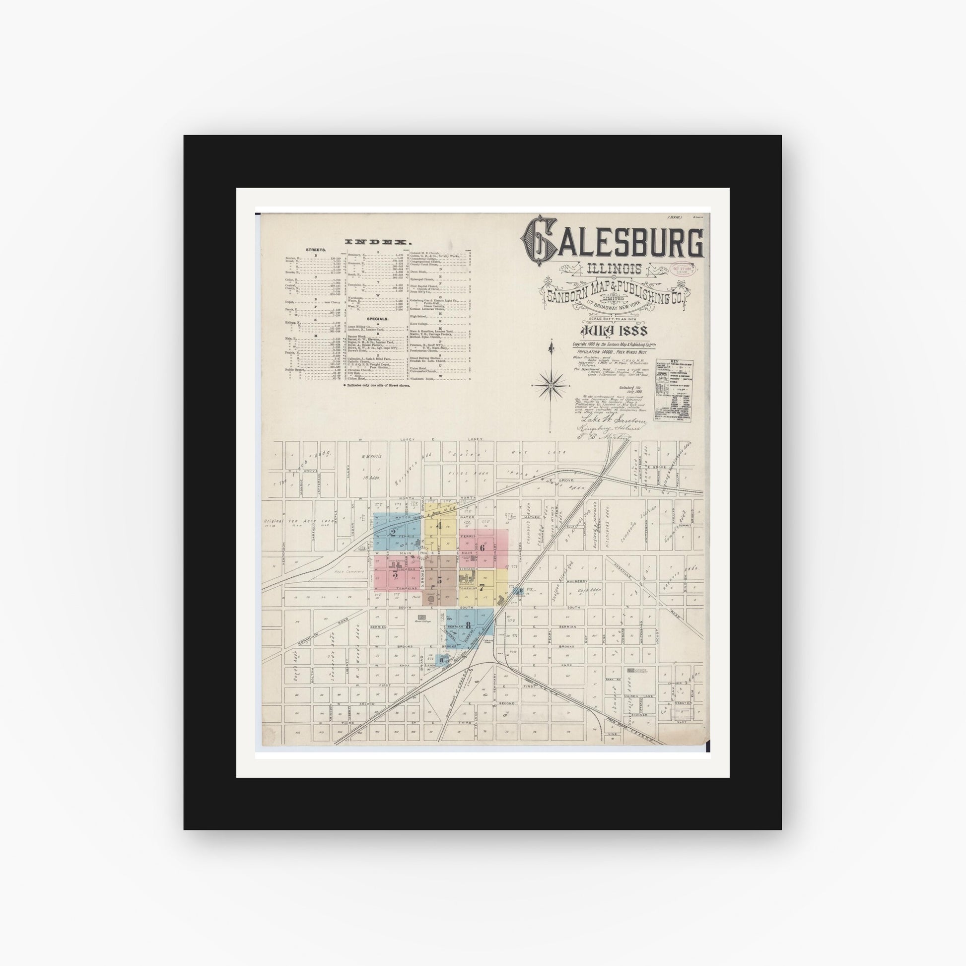 Old map wall art mockup — black gallery frame with white mat — Sanborn Fire Insurance Map from Galesburg, Knox County, Illinois (1888), Sheet #0001
