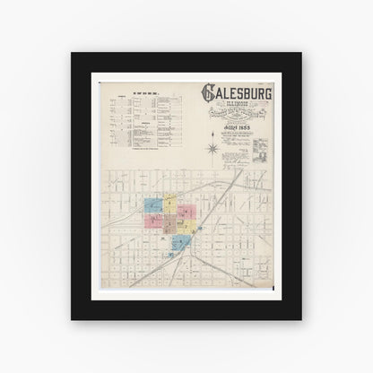 Old map wall art mockup — black gallery frame with white mat — Sanborn Fire Insurance Map from Galesburg, Knox County, Illinois (1888), Sheet #0001
