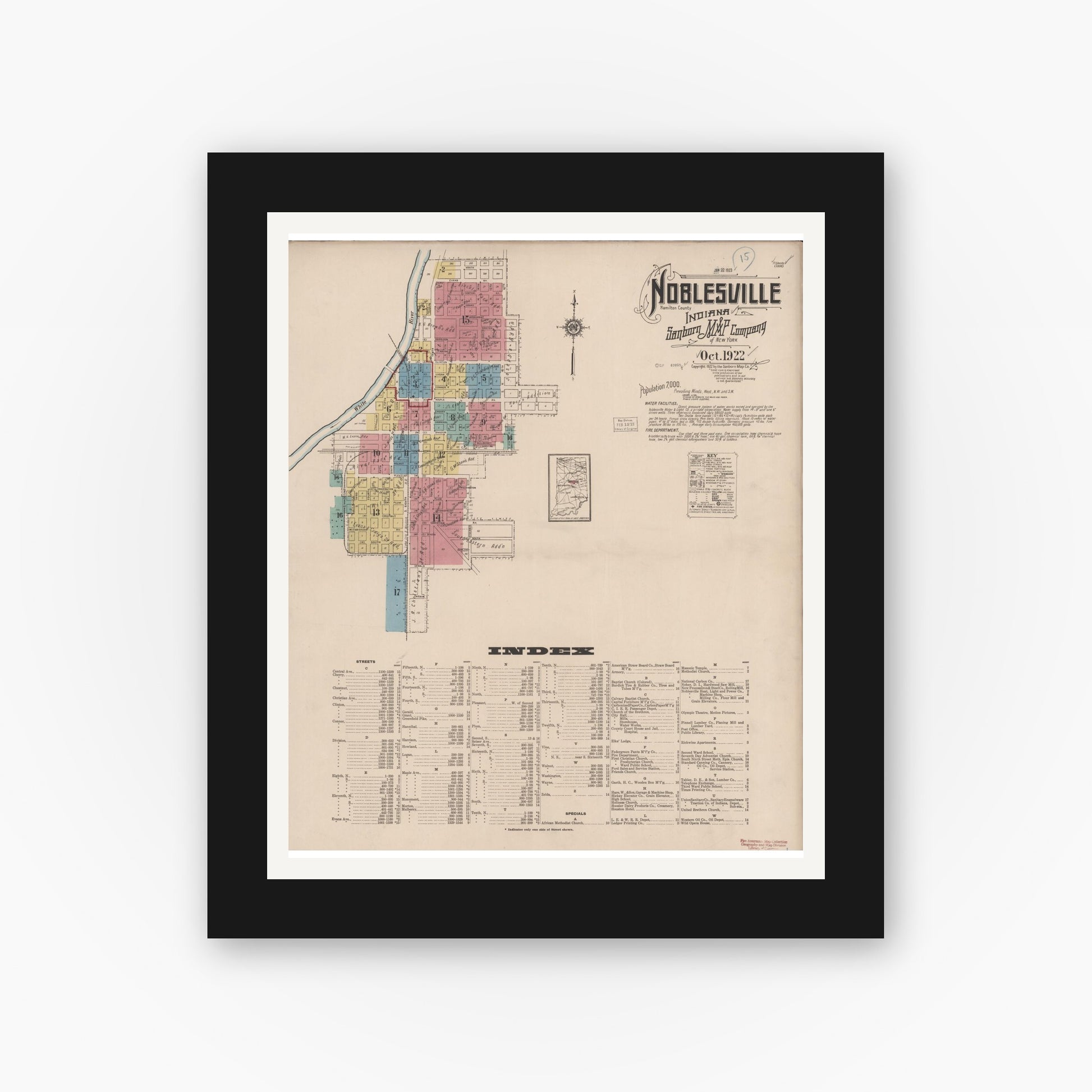 Old map wall art mockup — black gallery frame with white mat — Sanborn Fire Insurance Map from Noblesville, Hamilton County, Indiana (1922) - Complete Map Set
