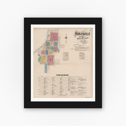 Old map wall art mockup — black gallery frame with white mat — Sanborn Fire Insurance Map from Noblesville, Hamilton County, Indiana (1922) - Complete Map Set