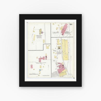 Old map wall art mockup — black gallery frame with white mat — Sanborn Fire Insurance Map from Warren, Trumbull County, Ohio (1908), Sheet #0024