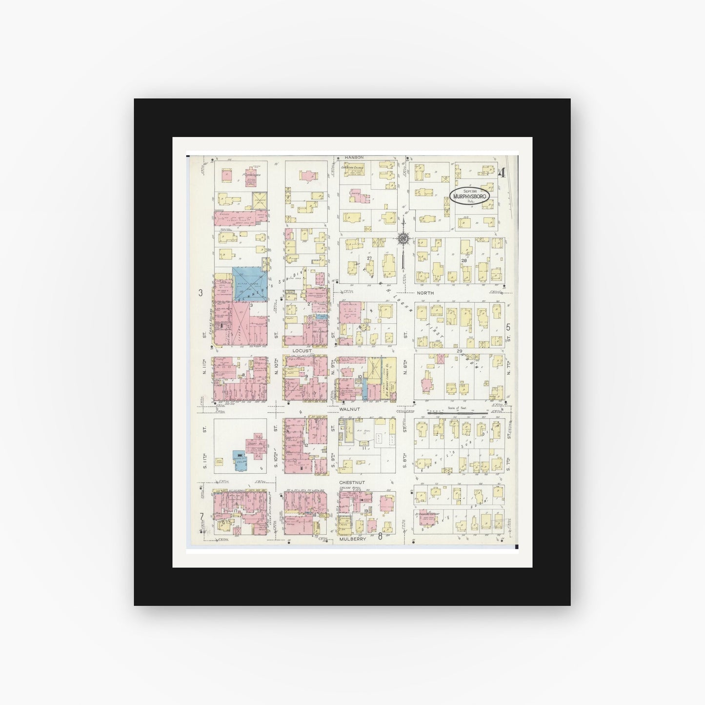 Old map wall art mockup — black gallery frame with white mat — Sanborn Fire Insurance Map from Murphysboro, Jackson County, Illinois (1914), Sheet #0004