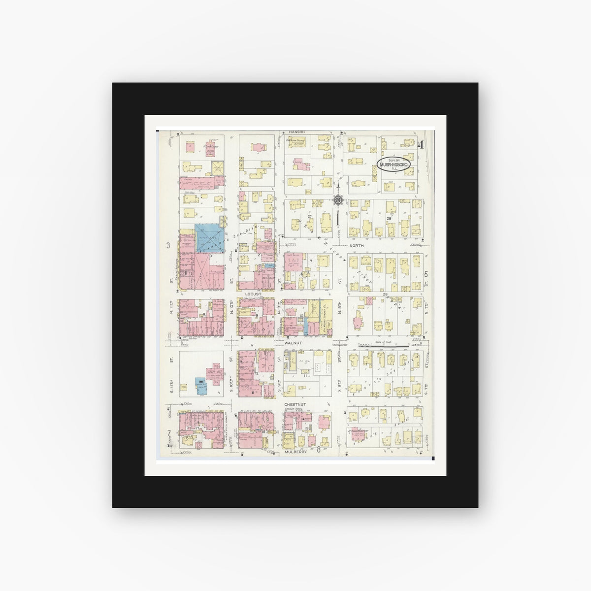 Old map wall art mockup — black gallery frame with white mat — Sanborn Fire Insurance Map from Murphysboro, Jackson County, Illinois (1914), Sheet #0004