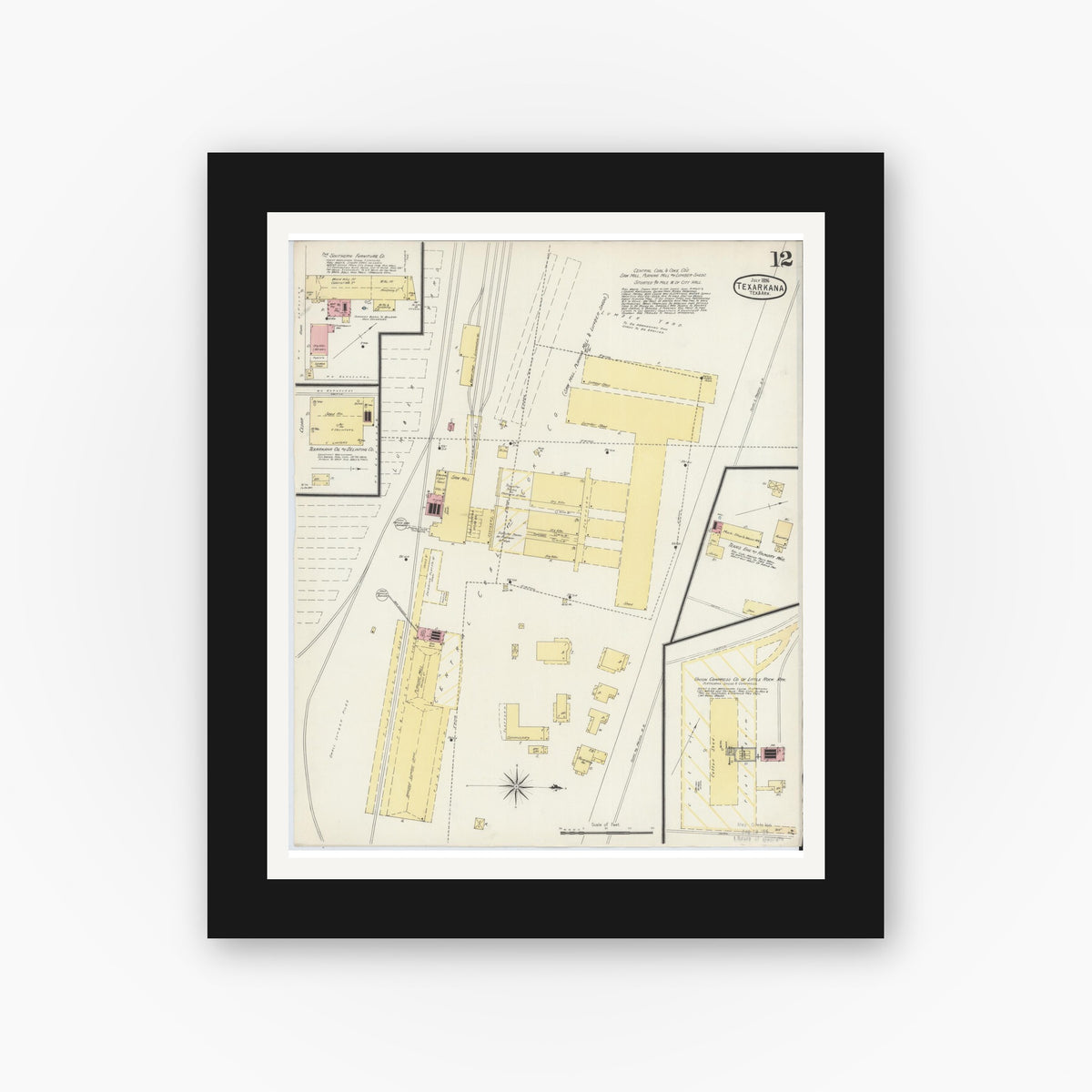 Old map wall art mockup — black gallery frame with white mat — Sanborn Fire Insurance Map from Texarkana, Bowie County, Texas (1896), Sheet #0012