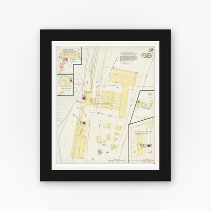 Old map wall art mockup — black gallery frame with white mat — Sanborn Fire Insurance Map from Texarkana, Bowie County, Texas (1896), Sheet #0012