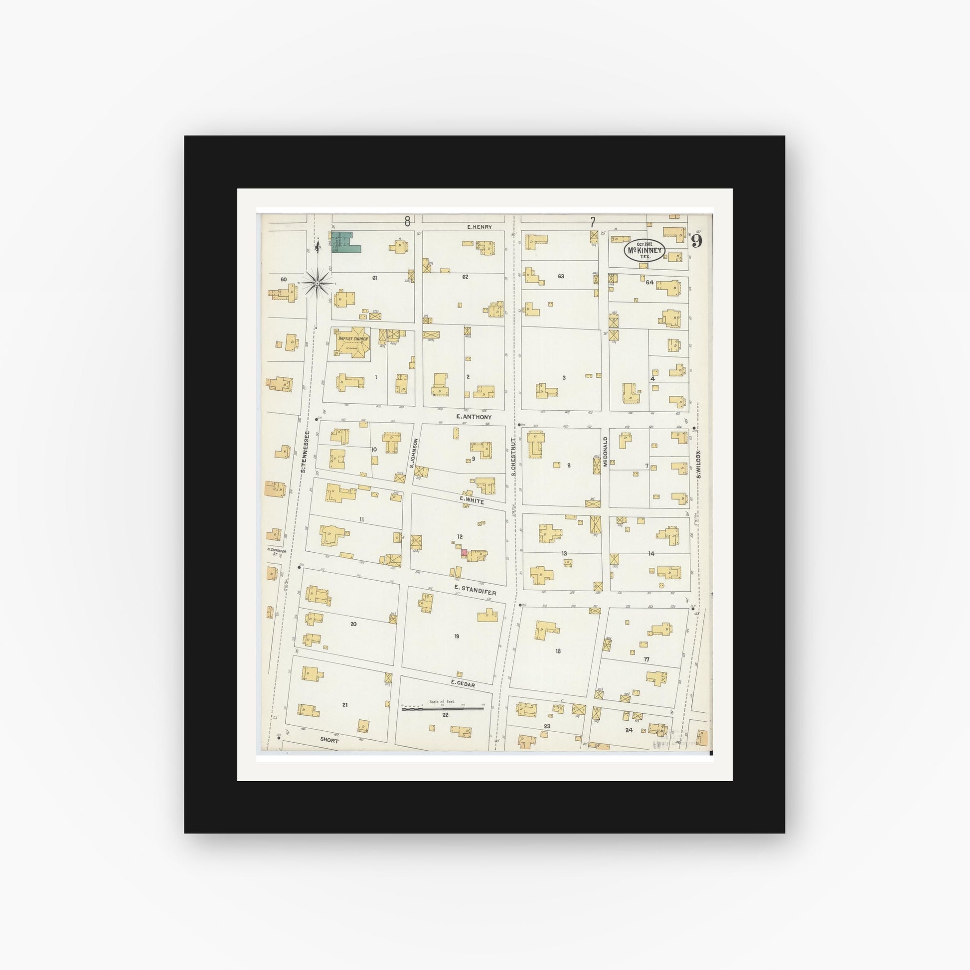Old map wall art mockup — black gallery frame with white mat — Sanborn Fire Insurance Map from McKinney, Collin County, Texas (1902), Sheet #0009