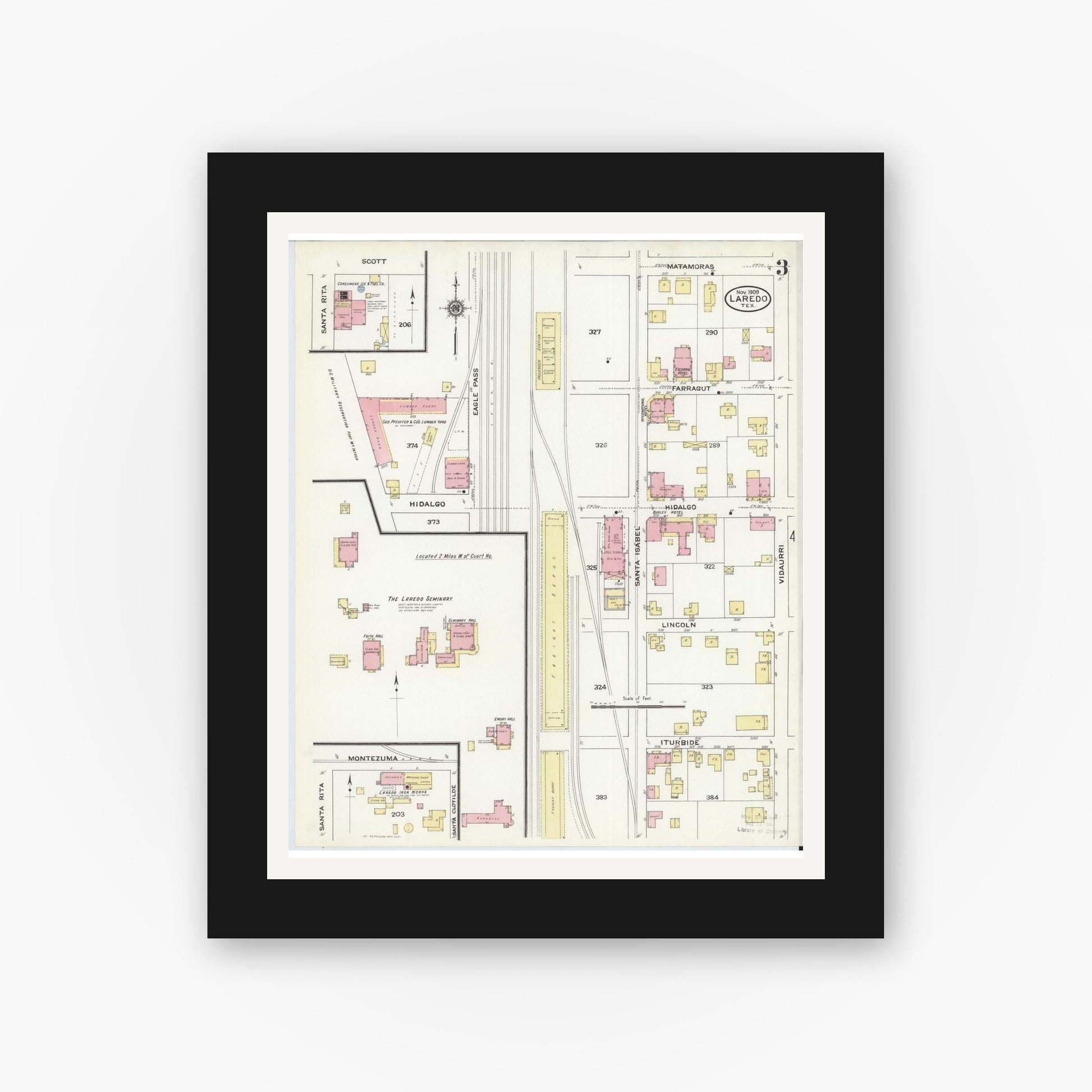 Old map wall art mockup — black gallery frame with white mat — Sanborn Fire Insurance Map from Laredo, Webb County, Texas (1909), Sheet #0003