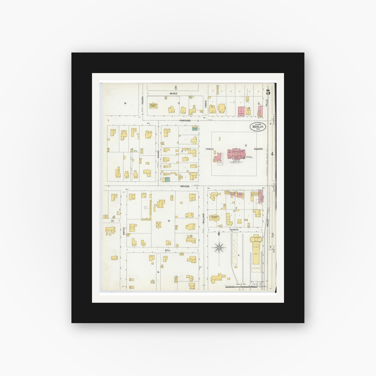 Old map wall art mockup — black gallery frame with white mat — Sanborn Fire Insurance Map from Marlin, Falls County, Texas (1903), Sheet #0005