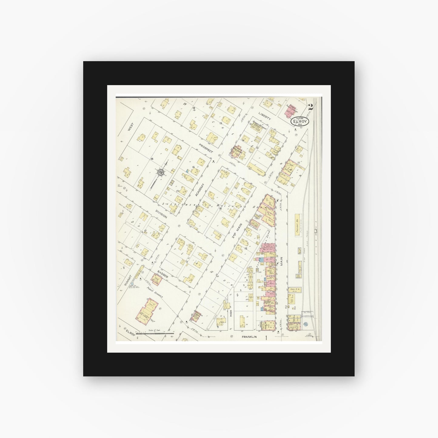 Old map wall art mockup — black gallery frame with white mat — Sanborn Fire Insurance Map from Elroy, Juneau County, Wisconsin (1914), Sheet #0002