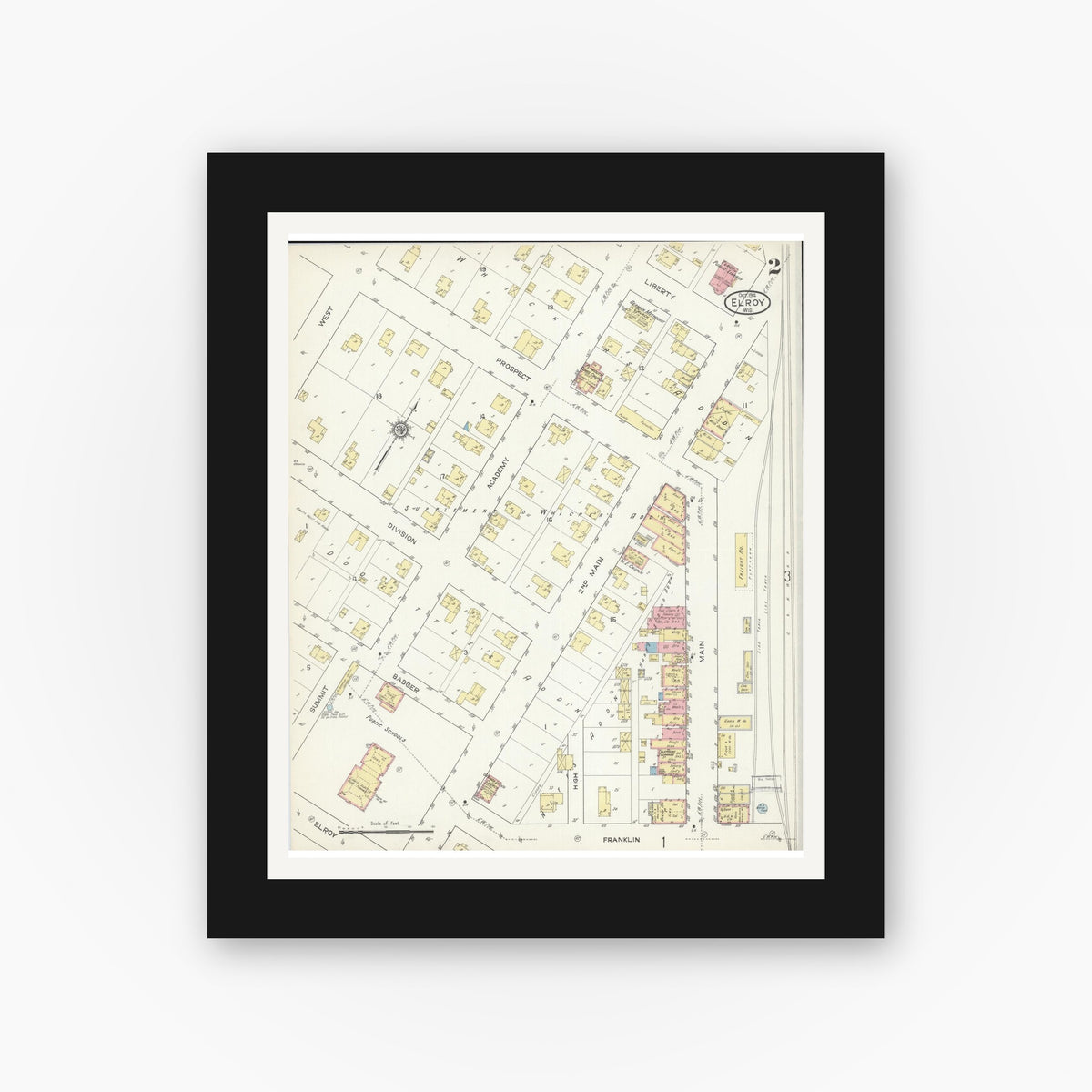 Old map wall art mockup — black gallery frame with white mat — Sanborn Fire Insurance Map from Elroy, Juneau County, Wisconsin (1914), Sheet #0002