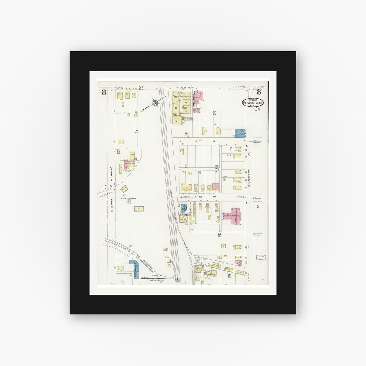Old map wall art mockup — black gallery frame with white mat — Sanborn Fire Insurance Map from Pleasantville, Atlantic County, New Jersey (1924), Sheet #0008