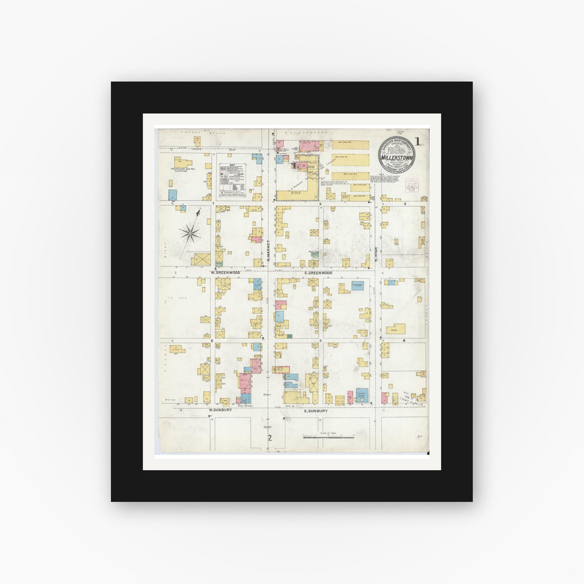 Old map wall art mockup — black gallery frame with white mat — Sanborn Fire Insurance Map from Millerstown, Perry County, Pennsylvania (1904), Sheet #0001