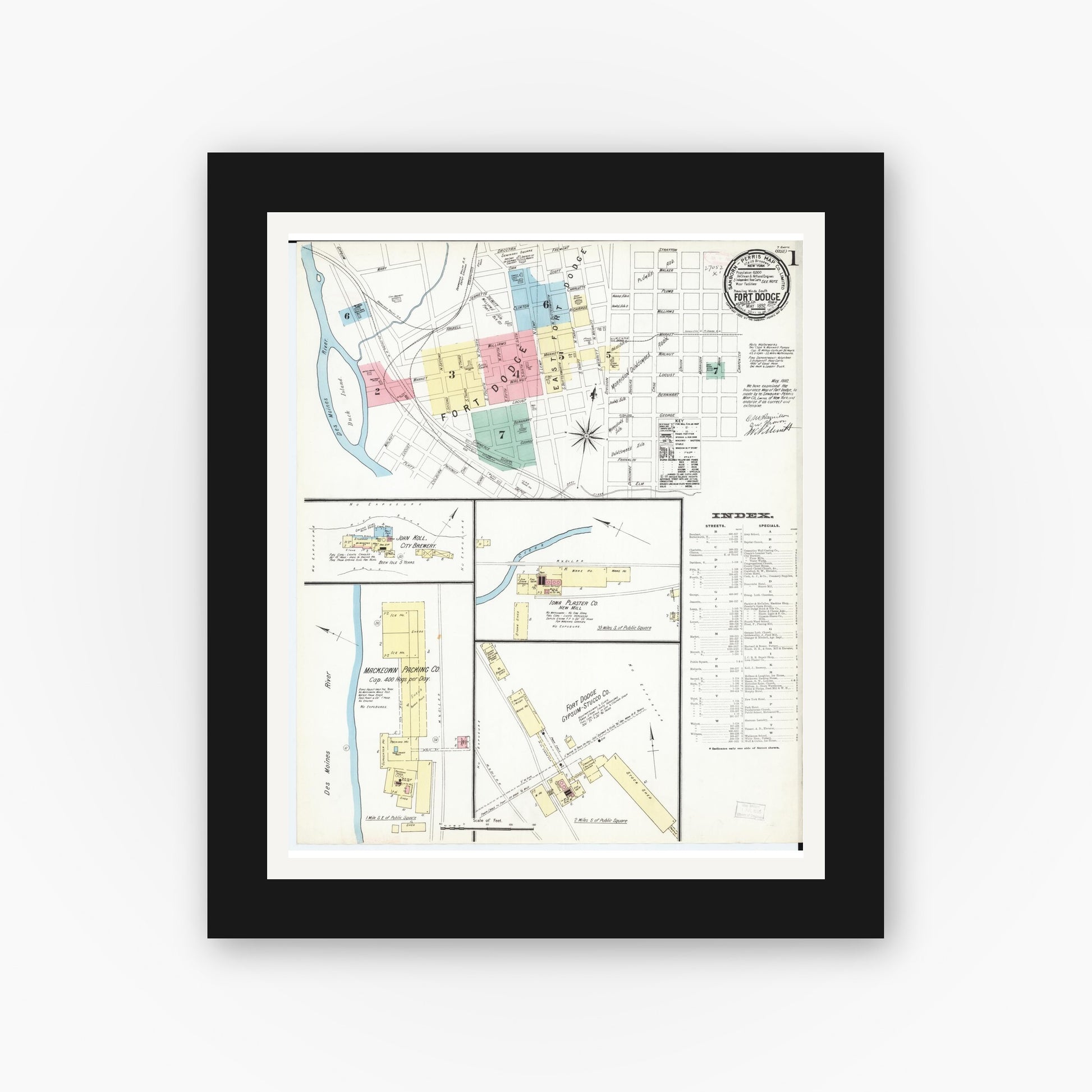 Old map wall art mockup — black gallery frame with white mat — Sanborn Fire Insurance Map from Fort Dodge, Webster County, Iowa (1892), Sheet #0001