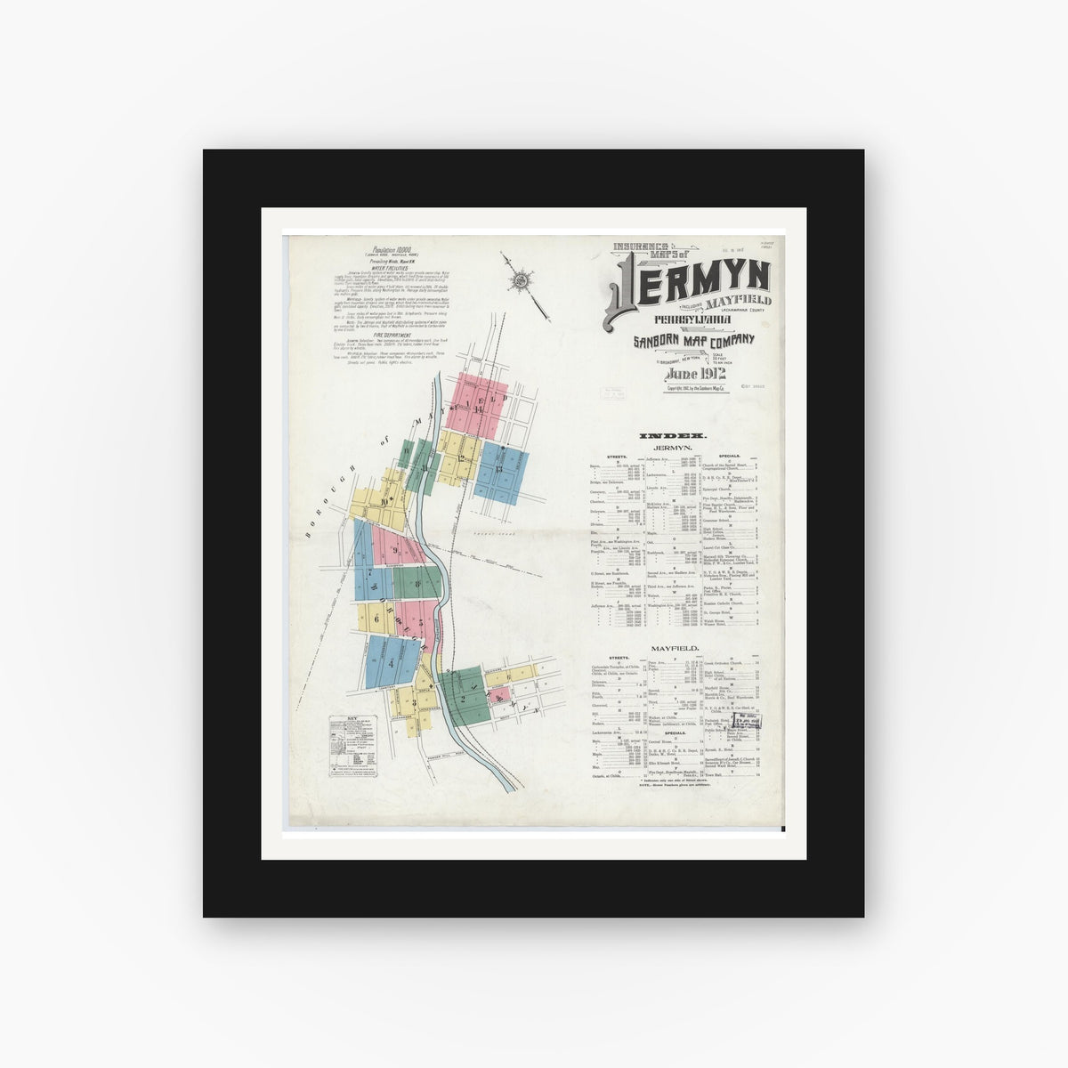 Old map wall art mockup — black gallery frame with white mat — Sanborn Fire Insurance Map from Jermyn, Lackawanna County, Pennsylvania (1912) - Complete Map Set