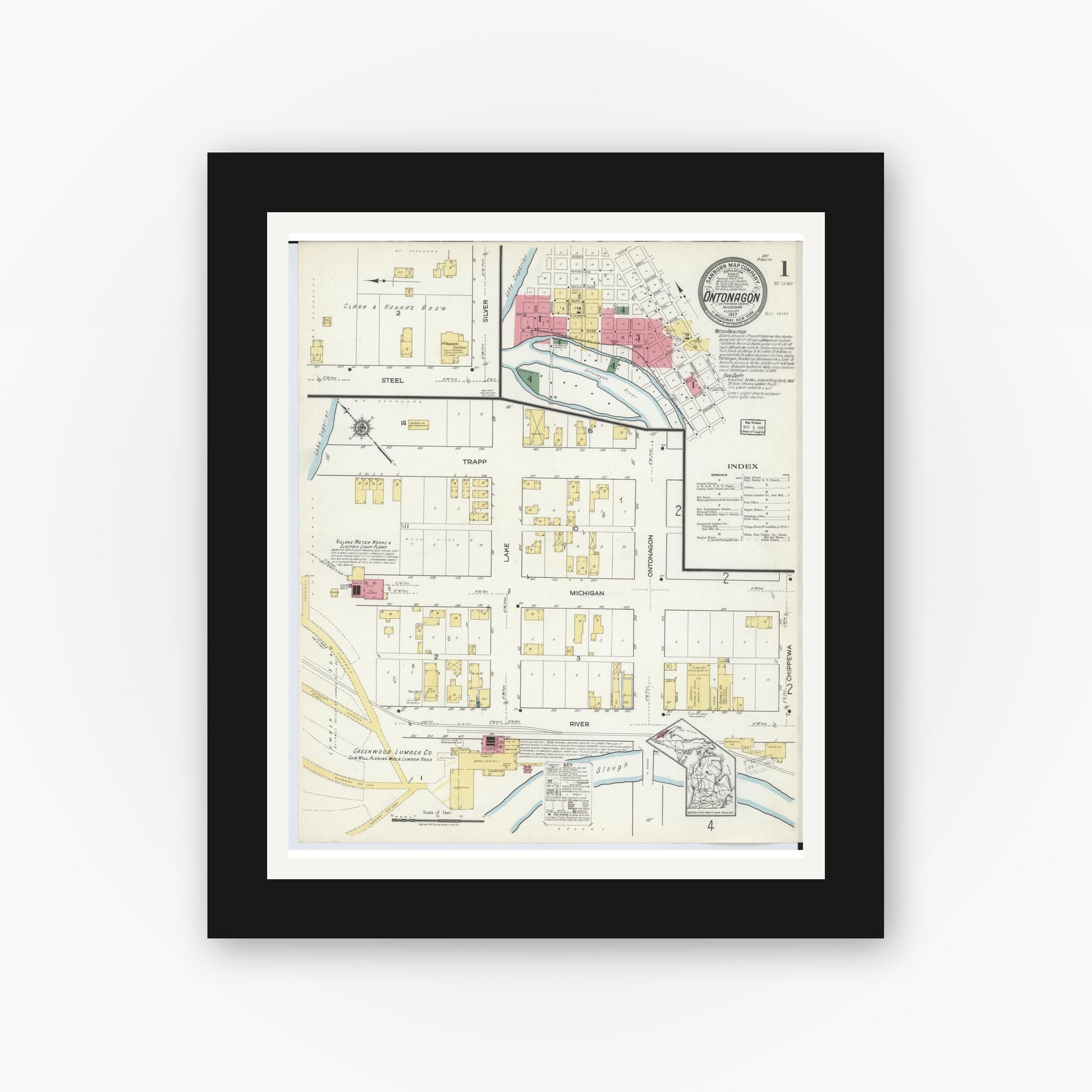 Old map wall art mockup — black gallery frame with white mat — Sanborn Fire Insurance Map from Ontonagon, Ontonagon County, Michigan (1917) - Complete Map Set