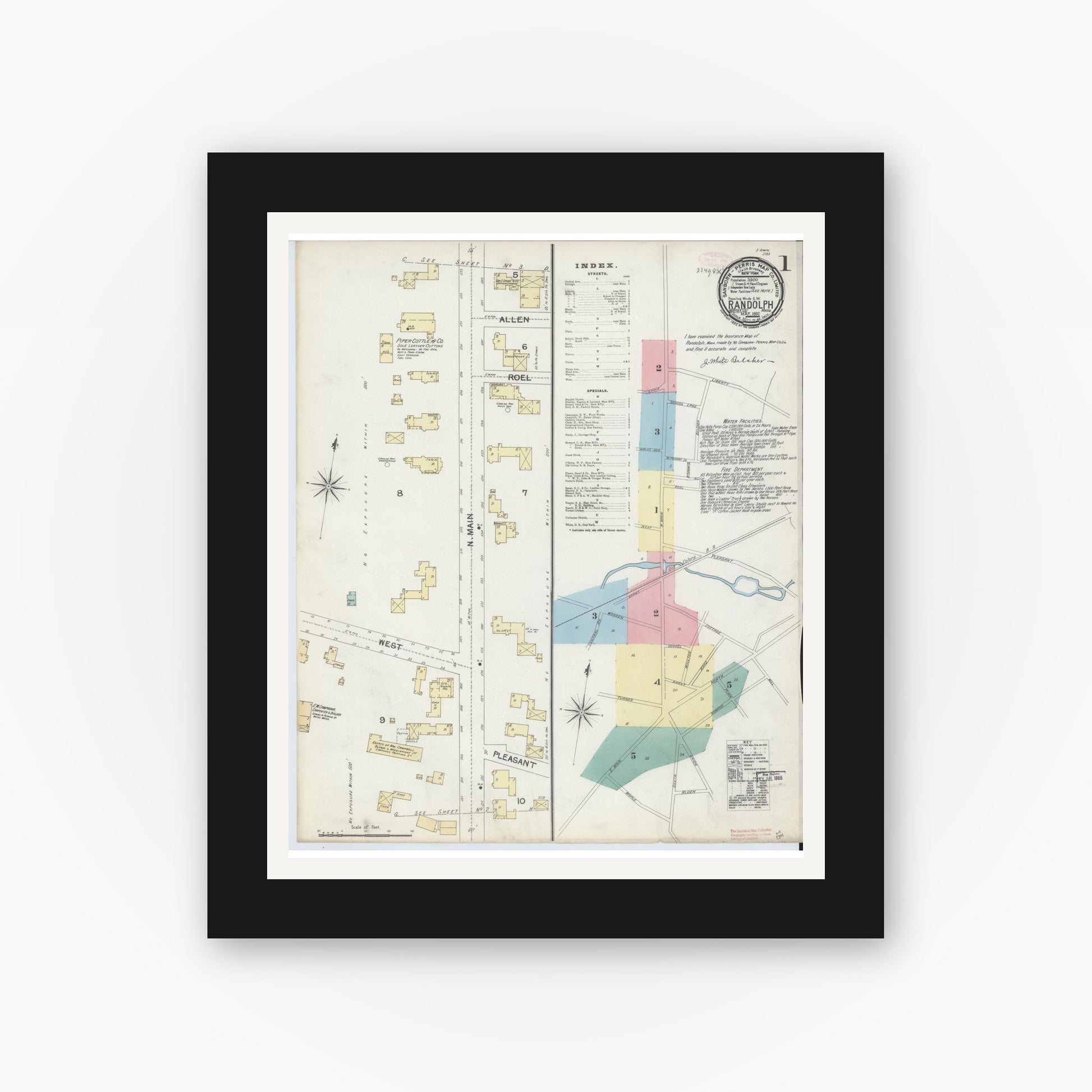Old map wall art mockup — black gallery frame with white mat — Sanborn Fire Insurance Map from Randolph, Norfolk County, Massachusetts (1892), Sheet #0001
