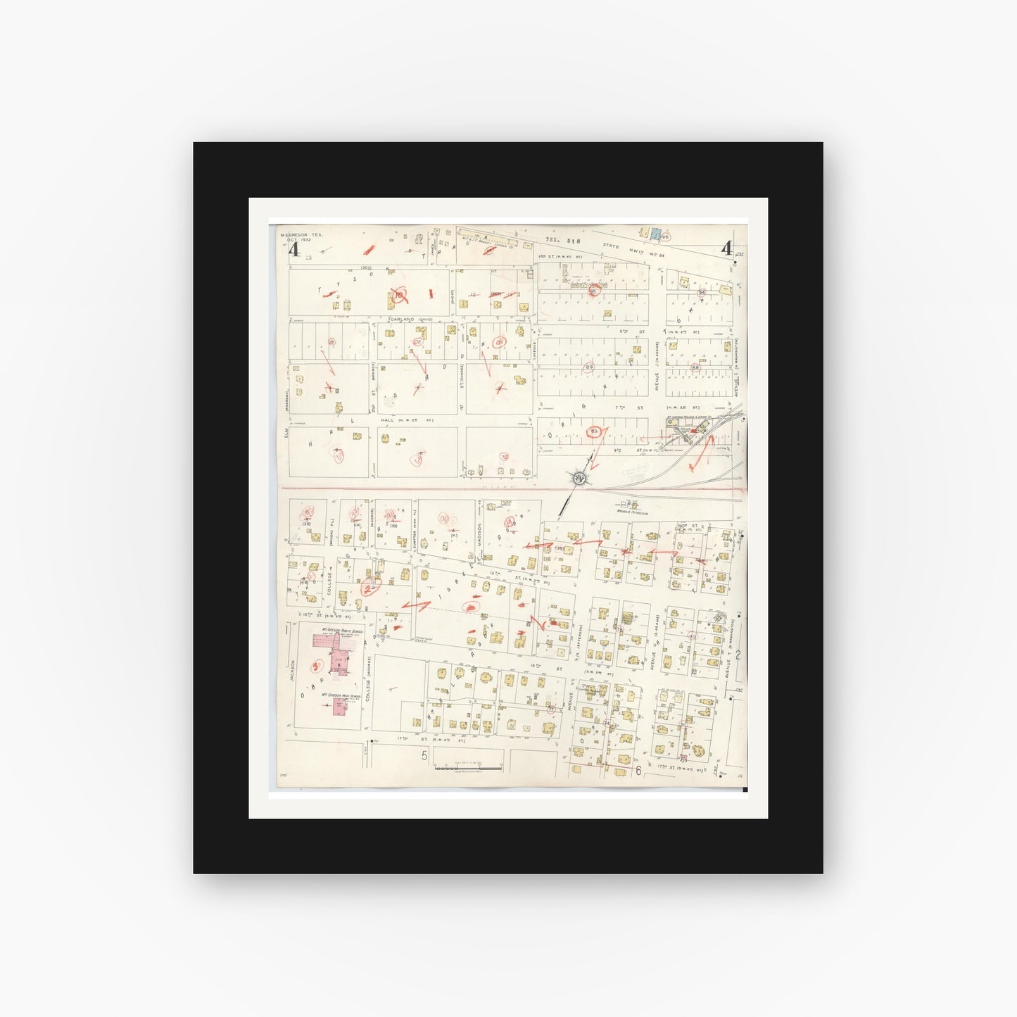 Old map wall art mockup — black gallery frame with white mat — Sanborn Fire Insurance Map from McGregor, McLennan County, Texas (1942), Sheet #0004