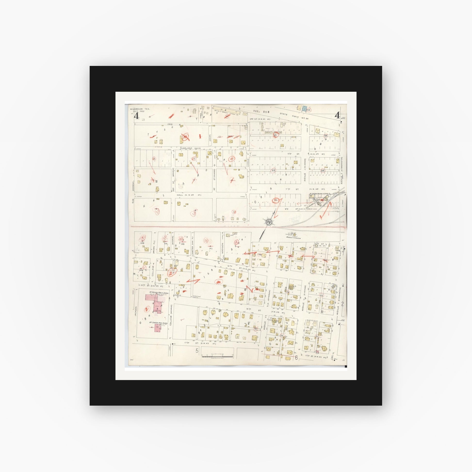 Old map wall art mockup — black gallery frame with white mat — Sanborn Fire Insurance Map from McGregor, McLennan County, Texas (1942), Sheet #0004