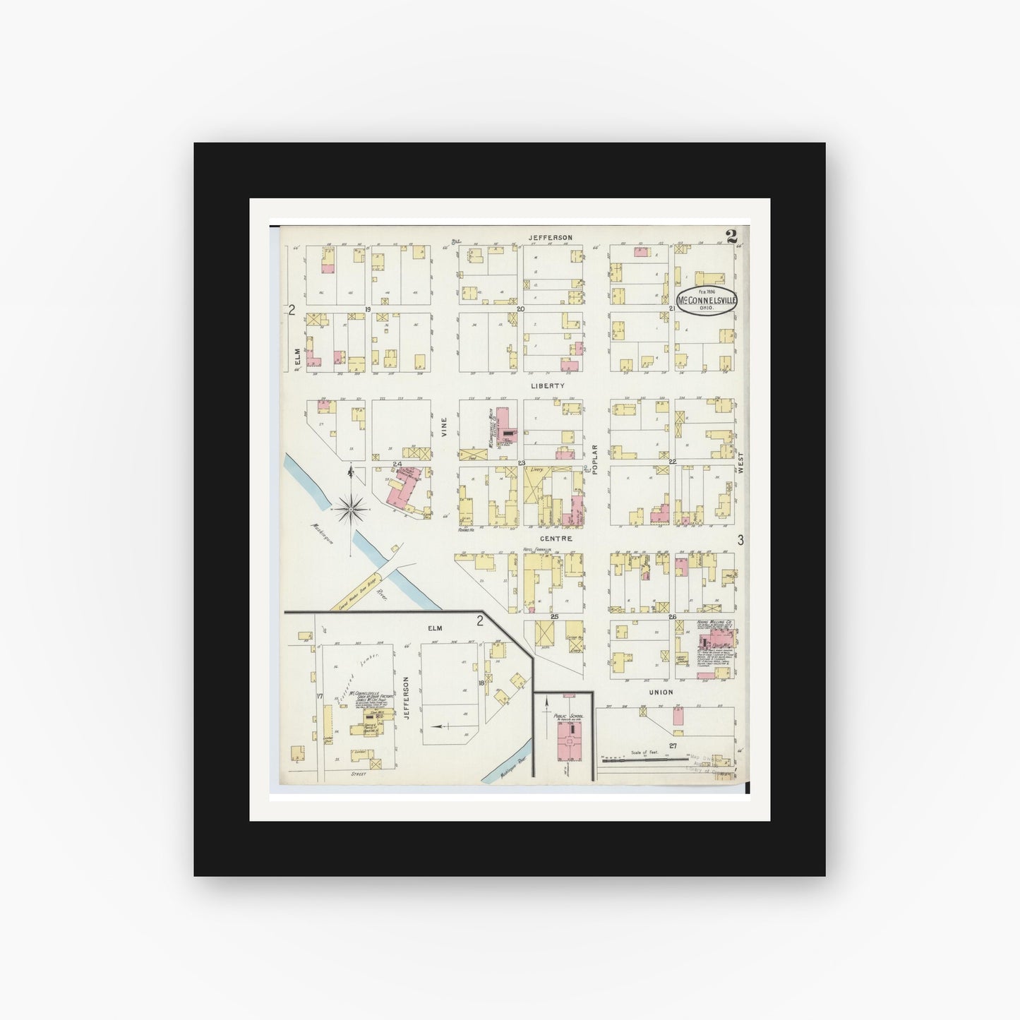 Old map wall art mockup — black gallery frame with white mat — Sanborn Fire Insurance Map from McConnelsville, Morgan County, Ohio (1896), Sheet #0002