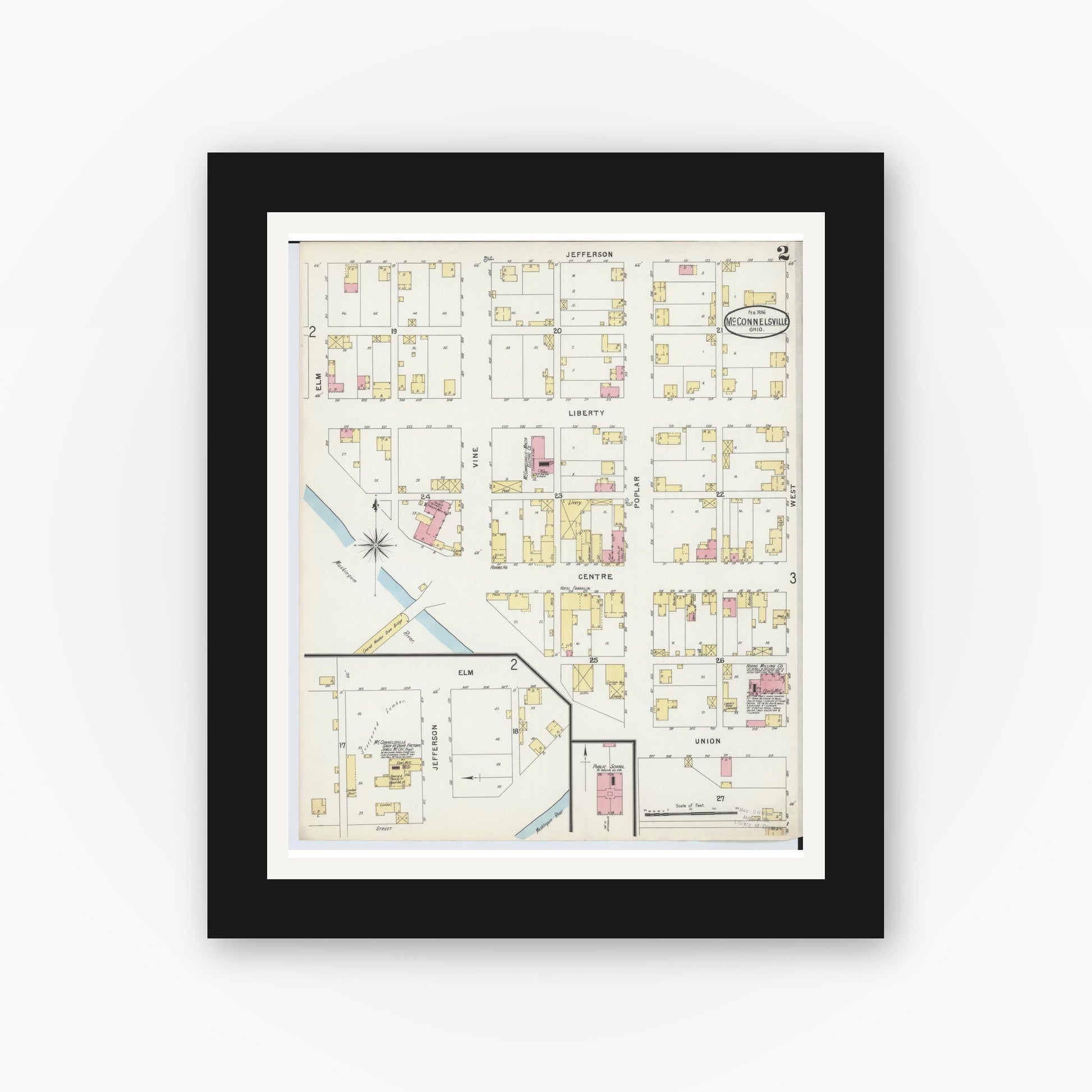 Old map wall art mockup — black gallery frame with white mat — Sanborn Fire Insurance Map from McConnelsville, Morgan County, Ohio (1896), Sheet #0002