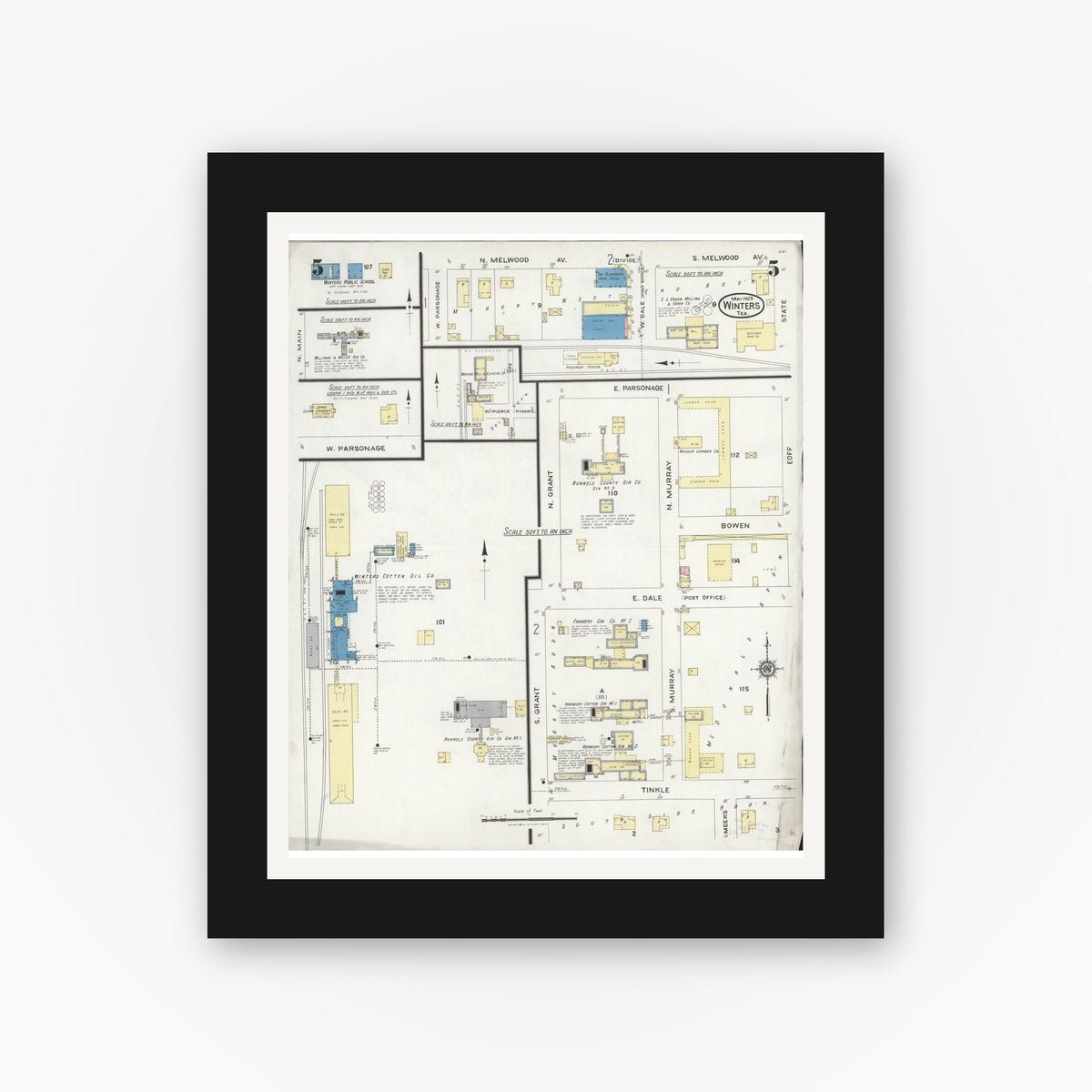 Old map wall art mockup — black gallery frame with white mat — Sanborn Fire Insurance Map from Winters, Runnels County, Texas (1925), Sheet #0005