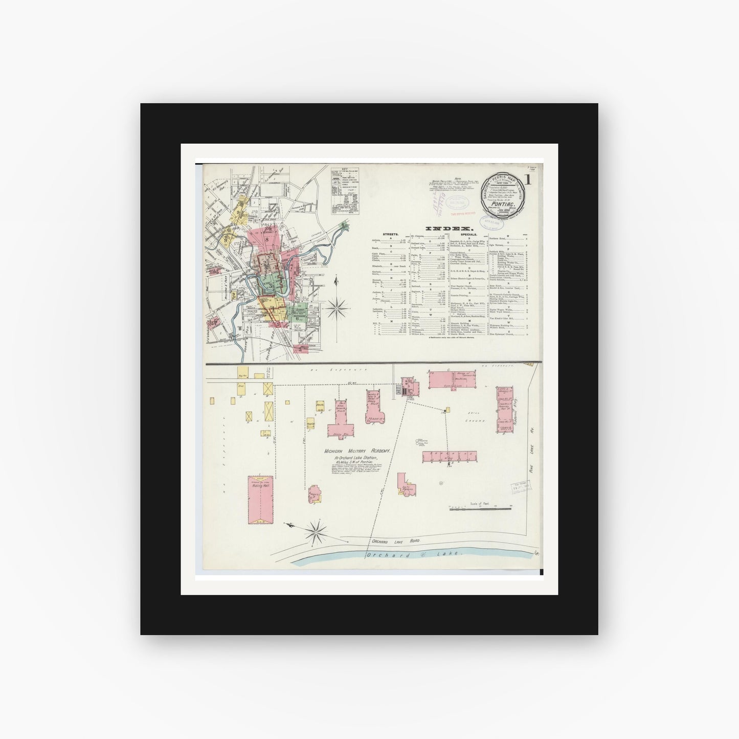 Old map wall art mockup — black gallery frame with white mat — Sanborn Fire Insurance Map from Pontiac, Oakland County, Michigan (1898) - Complete Map Set