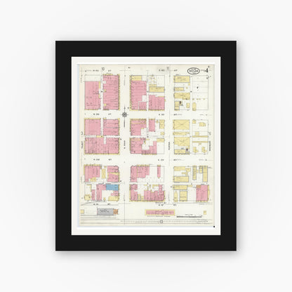 Old map wall art mockup — black gallery frame with white mat — Sanborn Fire Insurance Map from Taylor, Williamson County, Texas (1916), Sheet #0004