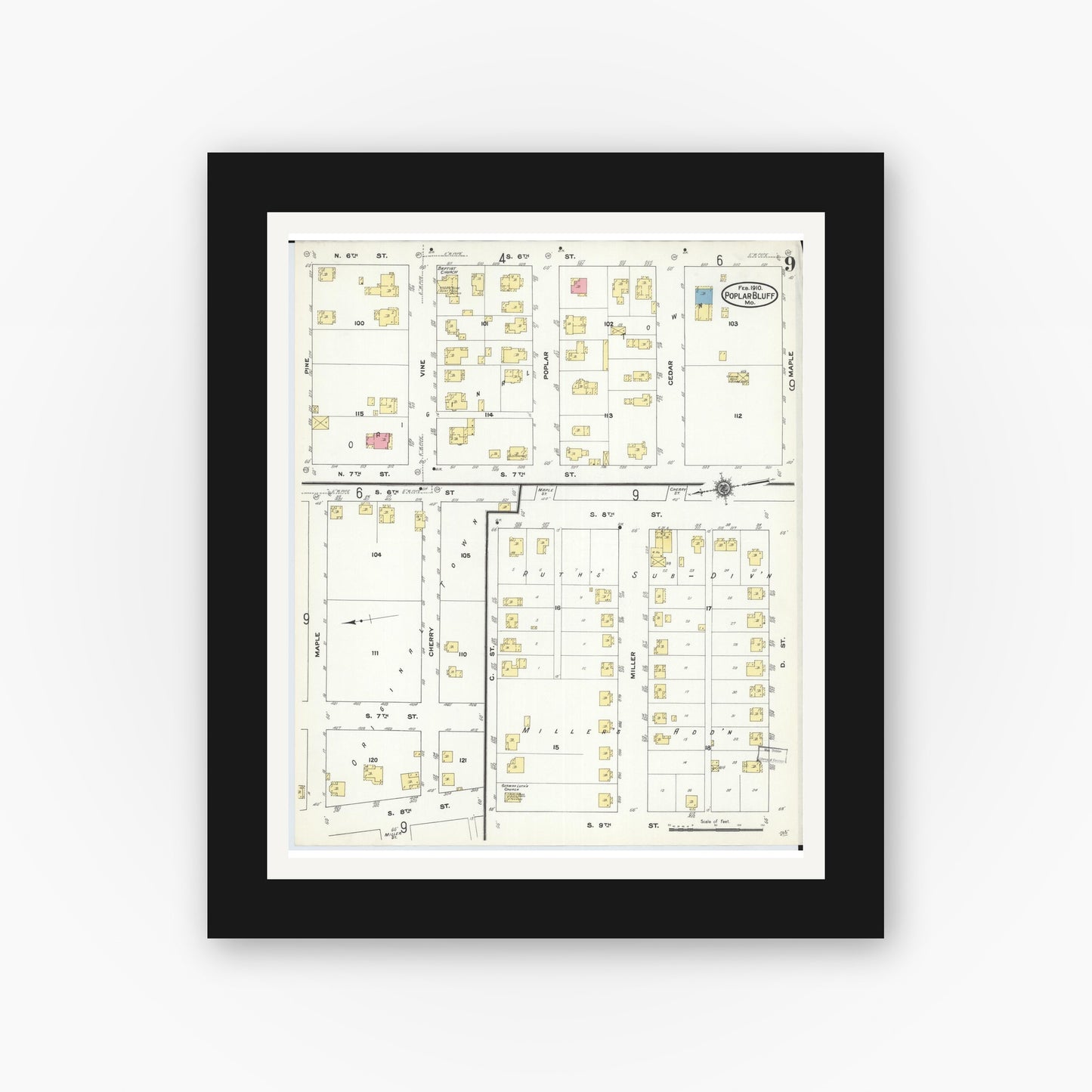 Old map wall art mockup — black gallery frame with white mat — Sanborn Fire Insurance Map from Poplar Bluff, Butler County, Missouri (1910), Sheet #0009