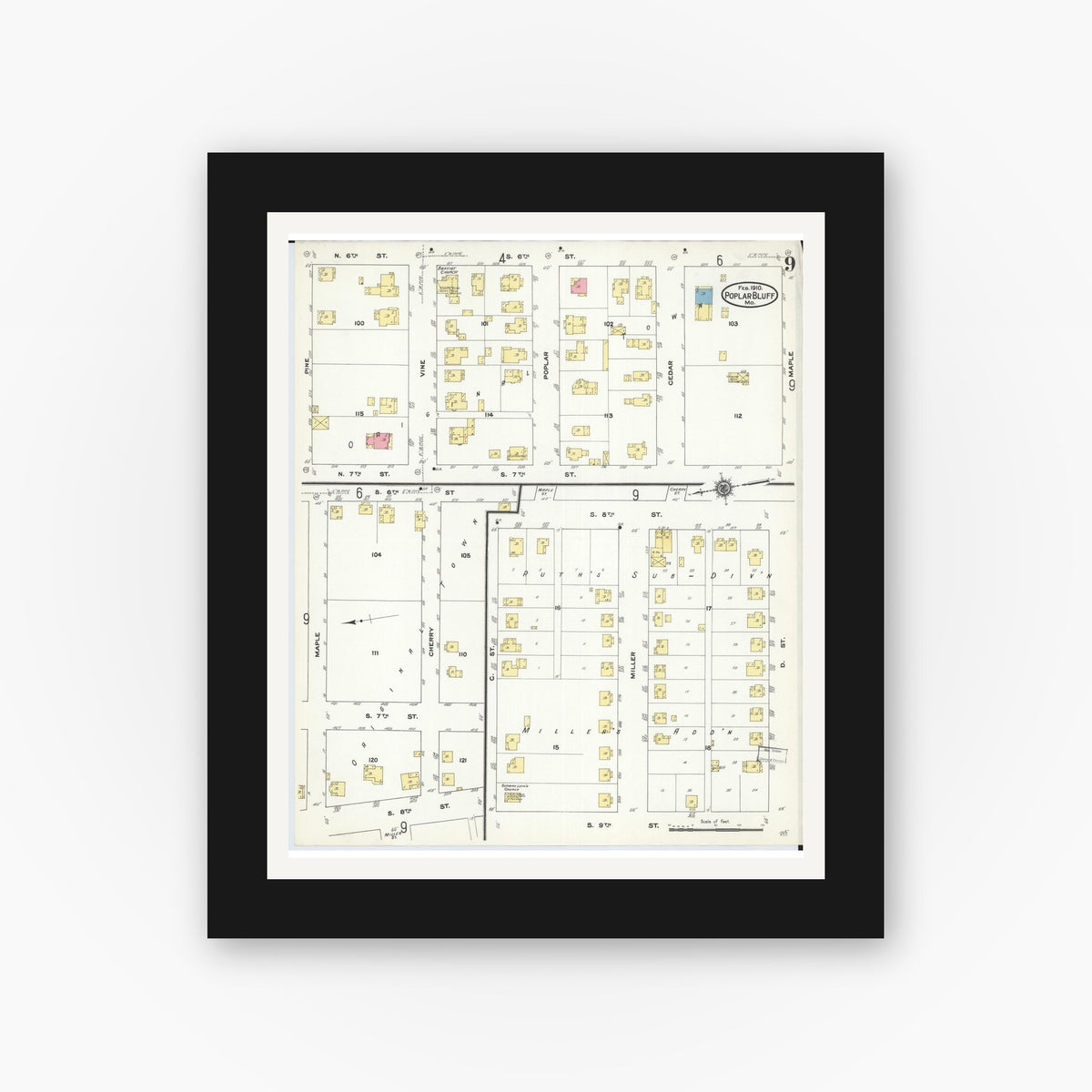 Old map wall art mockup — black gallery frame with white mat — Sanborn Fire Insurance Map from Poplar Bluff, Butler County, Missouri (1910), Sheet #0009