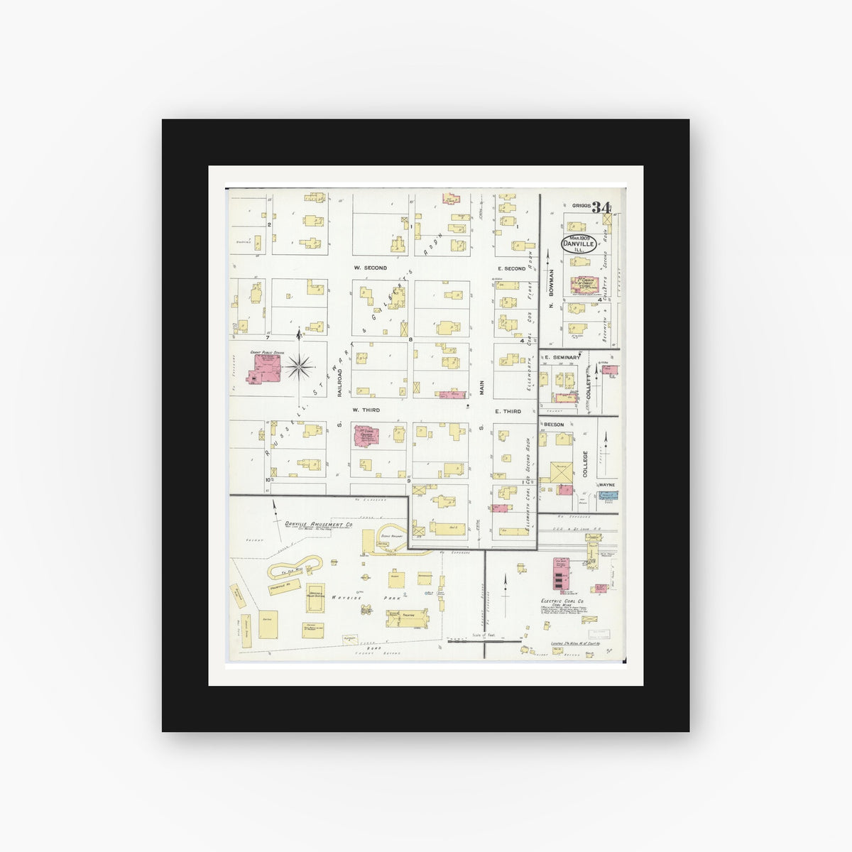 Old map wall art mockup — black gallery frame with white mat — Sanborn Fire Insurance Map from Danville, Vermilion County, Illinois (1909), Sheet #0034