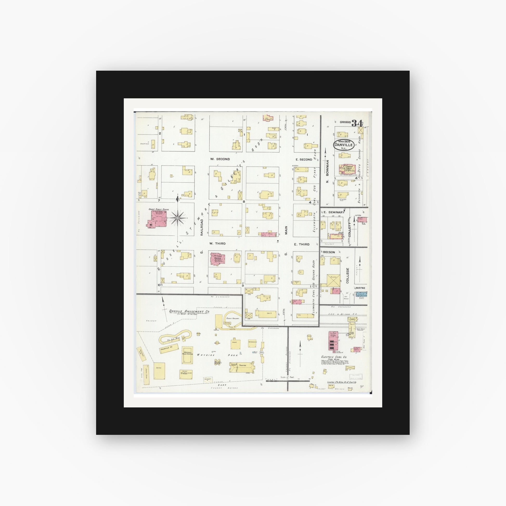 Old map wall art mockup — black gallery frame with white mat — Sanborn Fire Insurance Map from Danville, Vermilion County, Illinois (1909), Sheet #0034