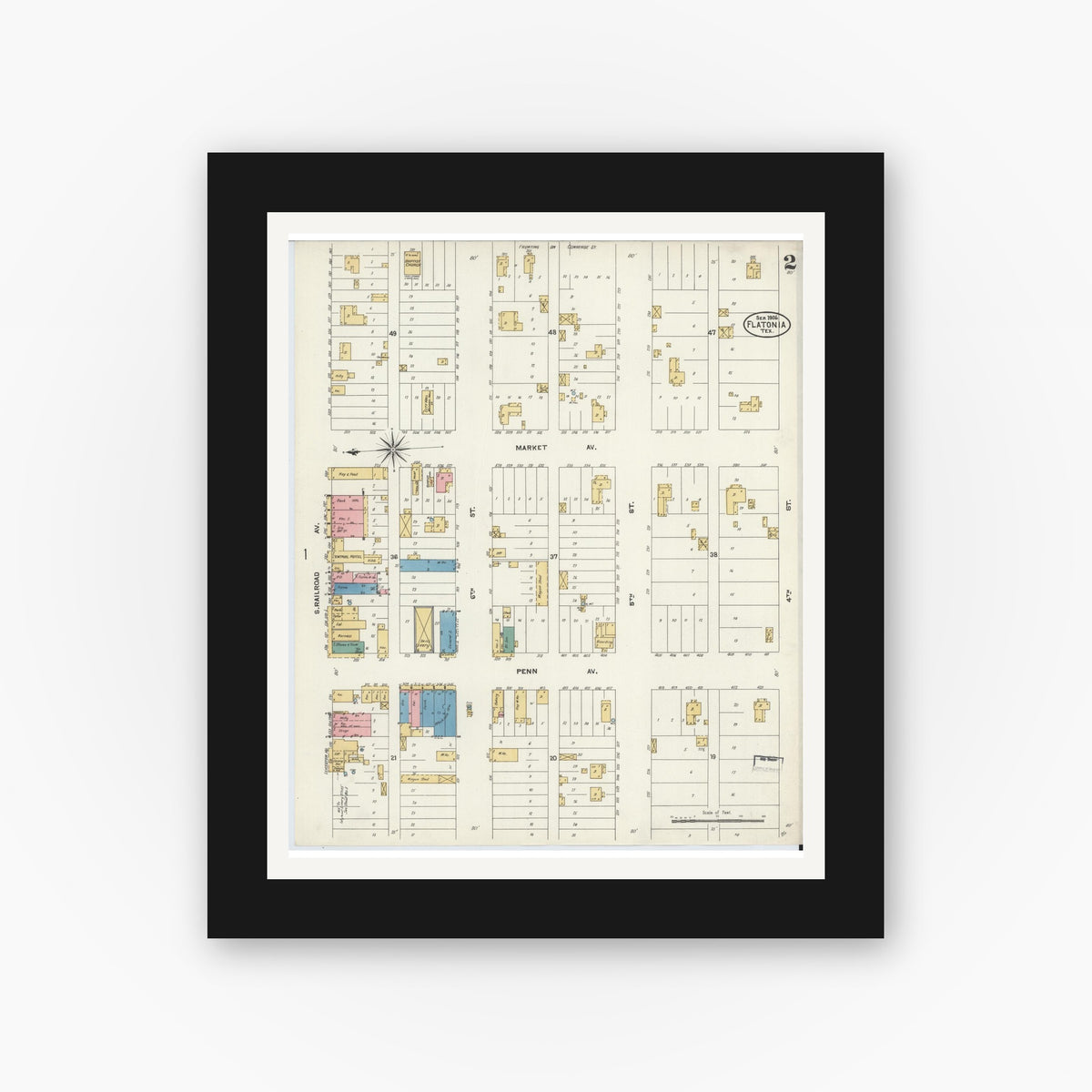 Old map wall art mockup — black gallery frame with white mat — Sanborn Fire Insurance Map from Flatonia, Fayette County, Texas (1906), Sheet #0002