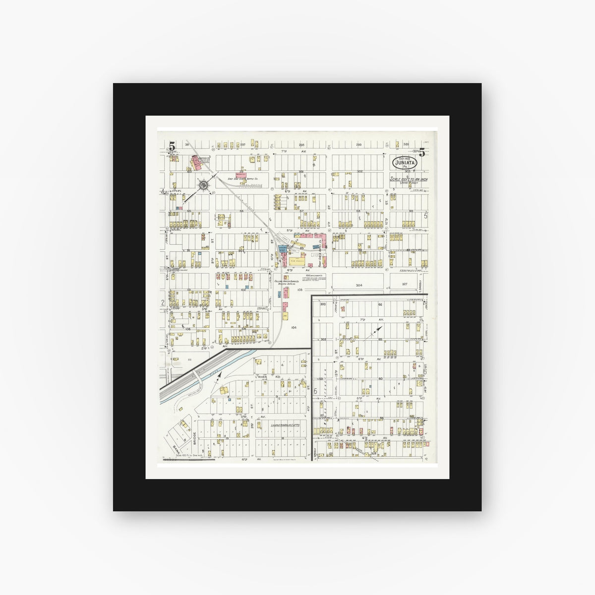 Old map wall art mockup — black gallery frame with white mat — Sanborn Fire Insurance Map from Juniata, Blair County, Pennsylvania (1925), Sheet #0005