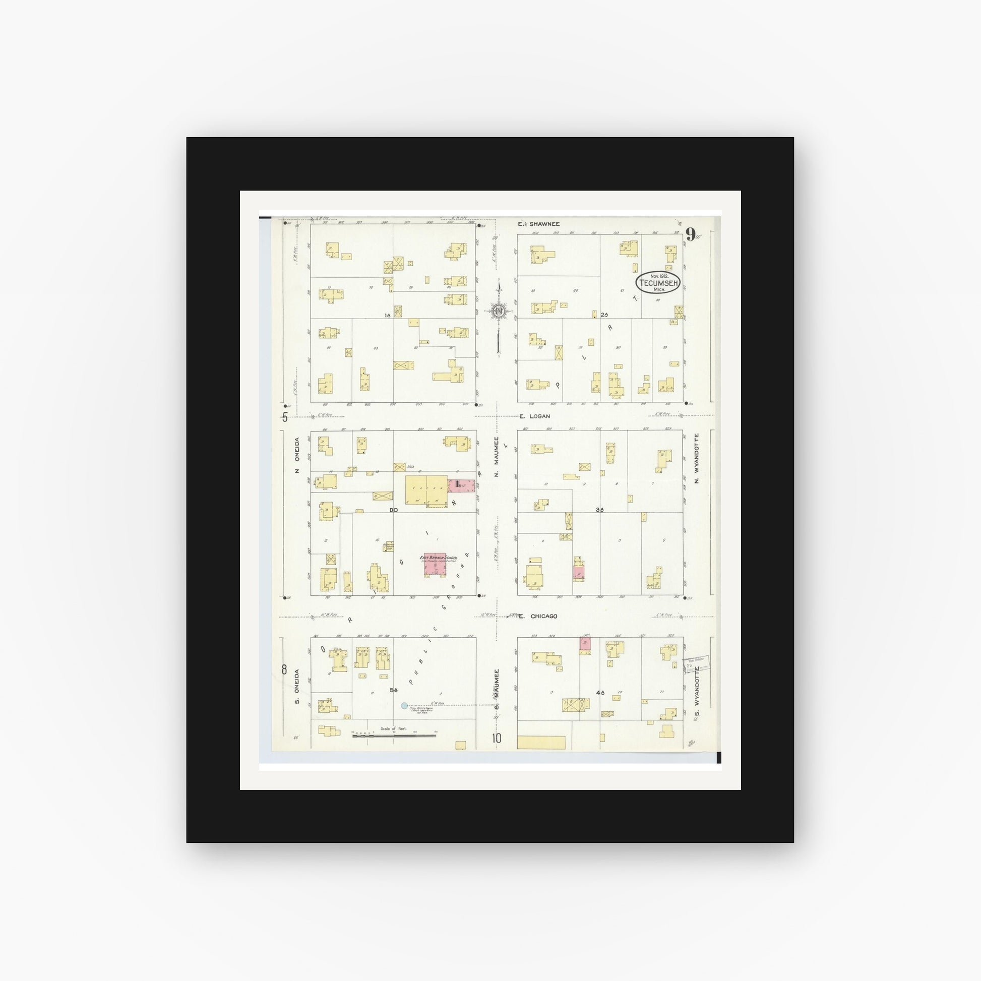 Old map wall art mockup — black gallery frame with white mat — Sanborn Fire Insurance Map from Tecumseh, Lenawee County, Michigan (1912), Sheet #0009