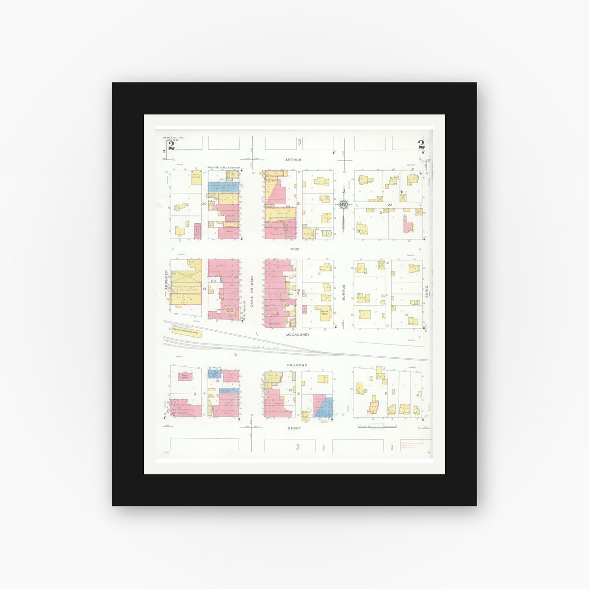 Old map wall art mockup — black gallery frame with white mat — Sanborn Fire Insurance Map from Hamilton, Caldwell County, Missouri (1932), Sheet #0002