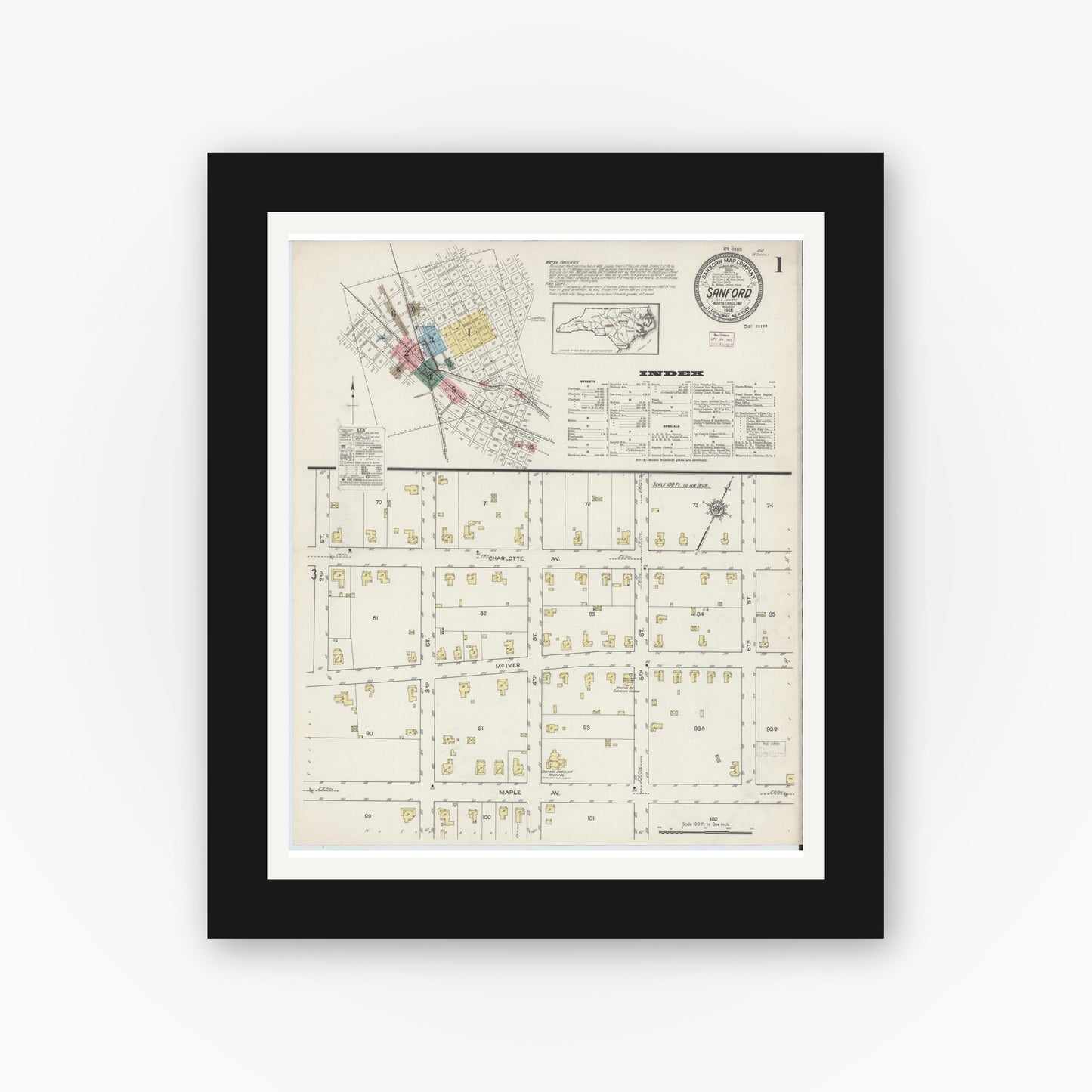 Old map wall art mockup — black gallery frame with white mat — Sanborn Fire Insurance Map from Sanford, Lee County, North Carolina (1915) - Complete Map Set