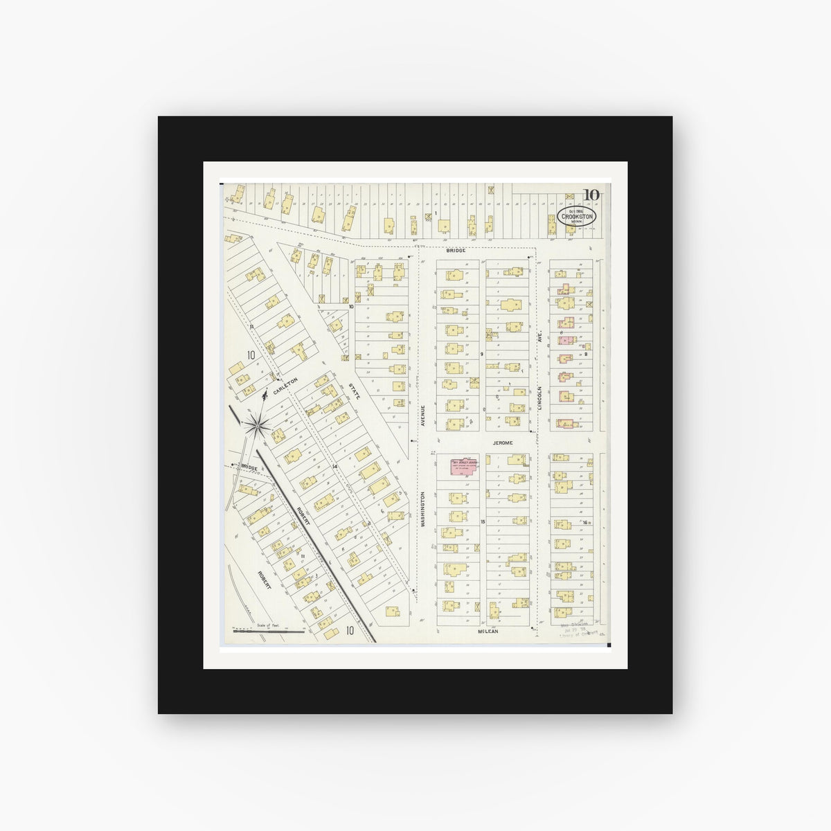 Old map wall art mockup — black gallery frame with white mat — Sanborn Fire Insurance Map from Crookston, Polk County, Minnesota (1906), Sheet #0010
