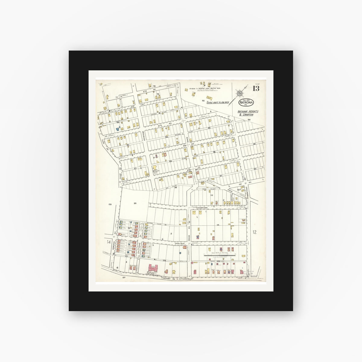 Old map wall art mockup — black gallery frame with white mat — Sanborn Fire Insurance Map from Natrona, Allegheny County, Pennsylvania (1921), Sheet #0013