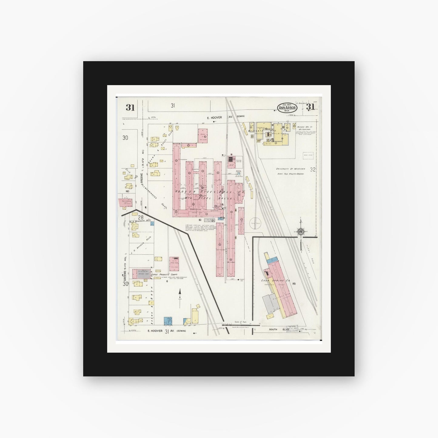 Old map wall art mockup — black gallery frame with white mat — Sanborn Fire Insurance Map from Ann Arbor, Washtenaw County, Michigan (1925), Sheet #0031