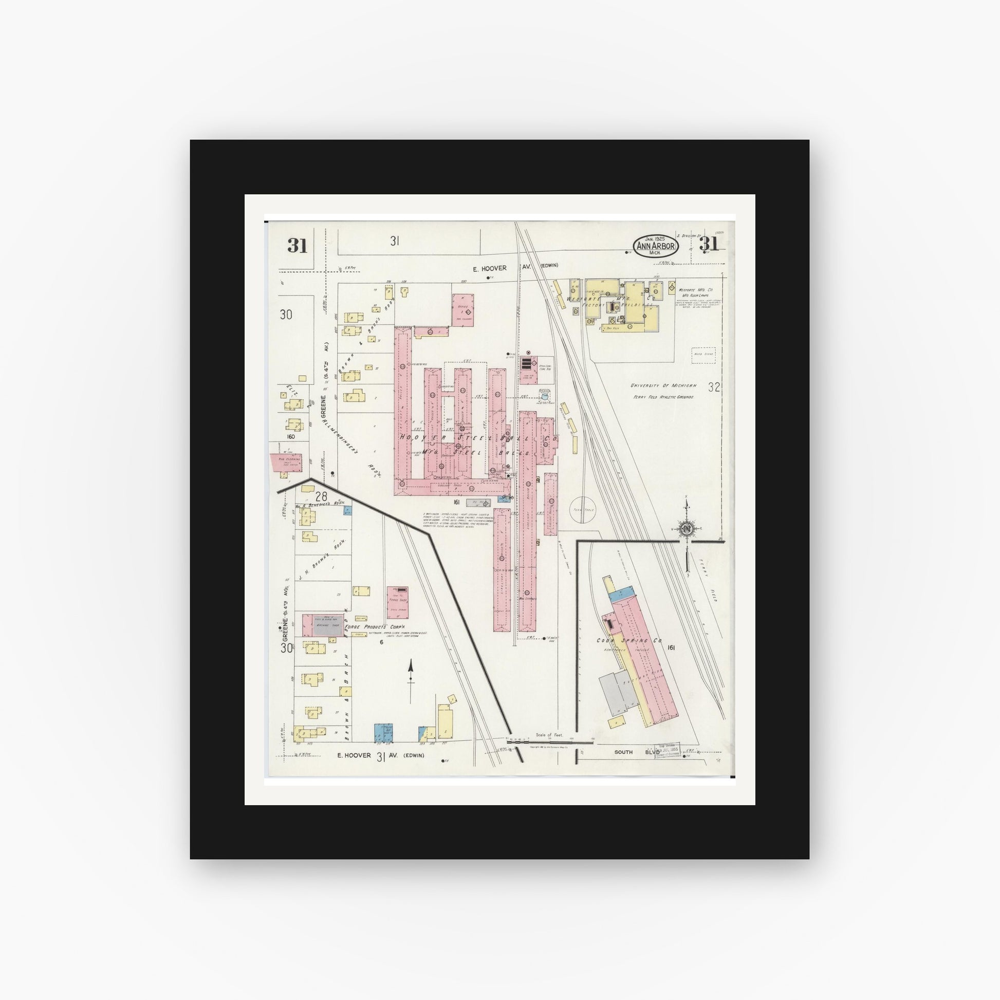 Old map wall art mockup — black gallery frame with white mat — Sanborn Fire Insurance Map from Ann Arbor, Washtenaw County, Michigan (1925), Sheet #0031