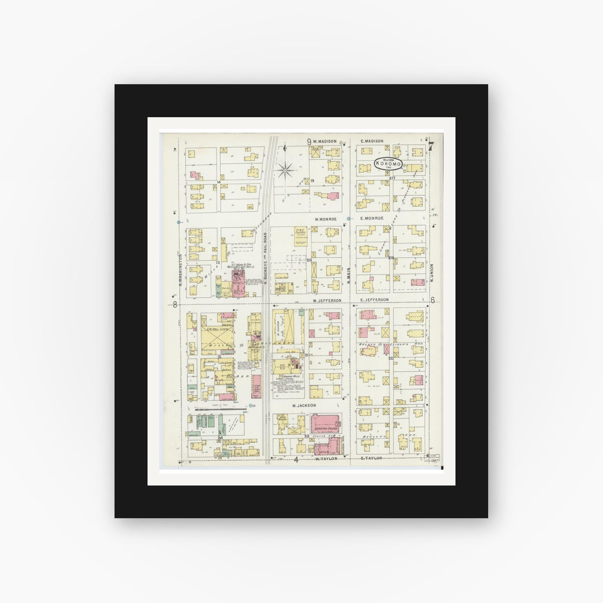 Old map wall art mockup — black gallery frame with white mat — Sanborn Fire Insurance Map from Kokomo, Howard County, Indiana (1896), Sheet #0007
