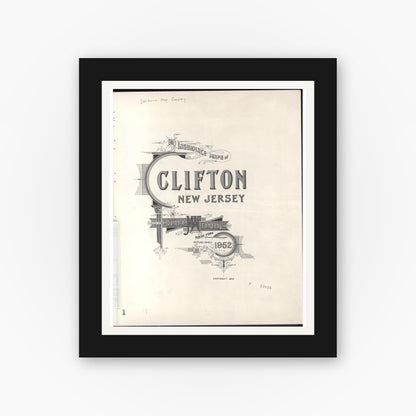 Old map wall art mockup — black gallery frame with white mat — Sanborn Fire Insurance Map from Clifton, Passaic County, New Jersey (1952), Sheet #0001
