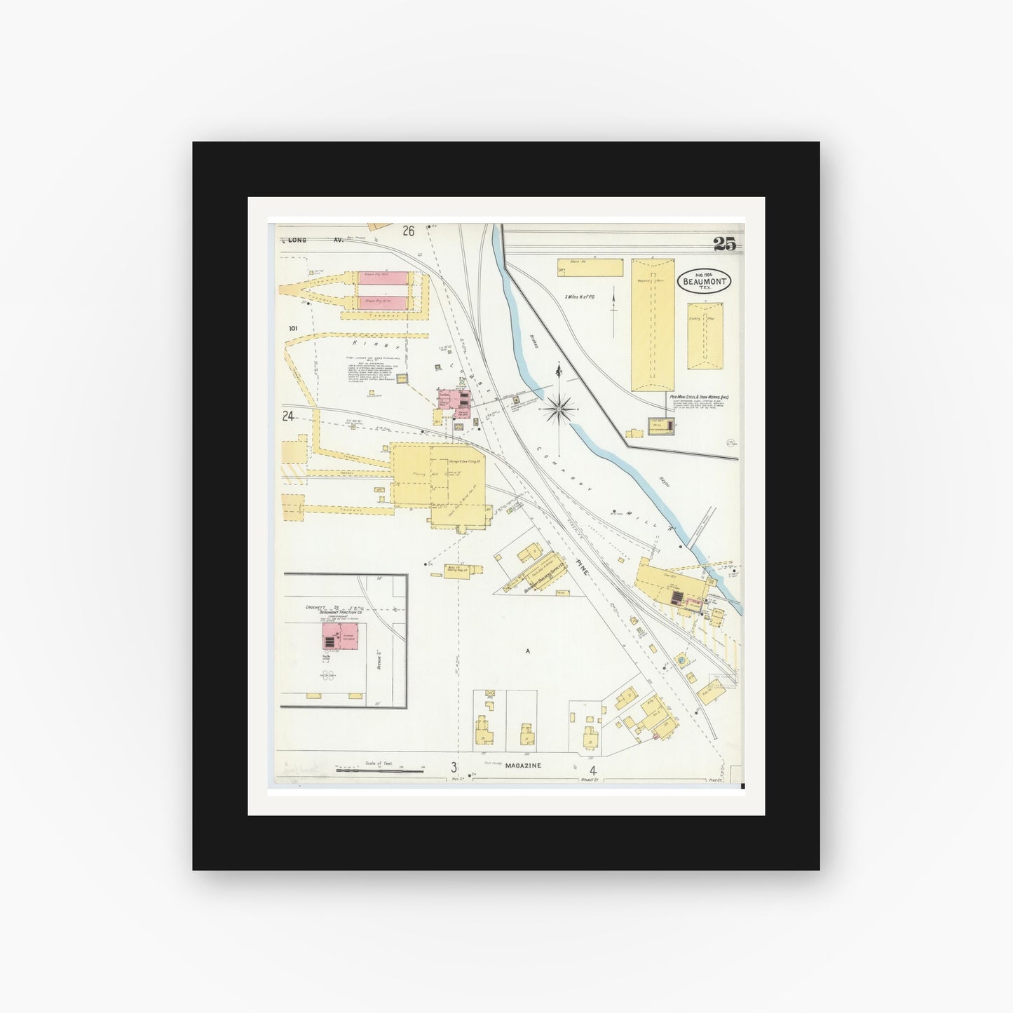 Old map wall art mockup — black gallery frame with white mat — Sanborn Fire Insurance Map from Beaumont, Jefferson County, Texas (1904), Sheet #0025