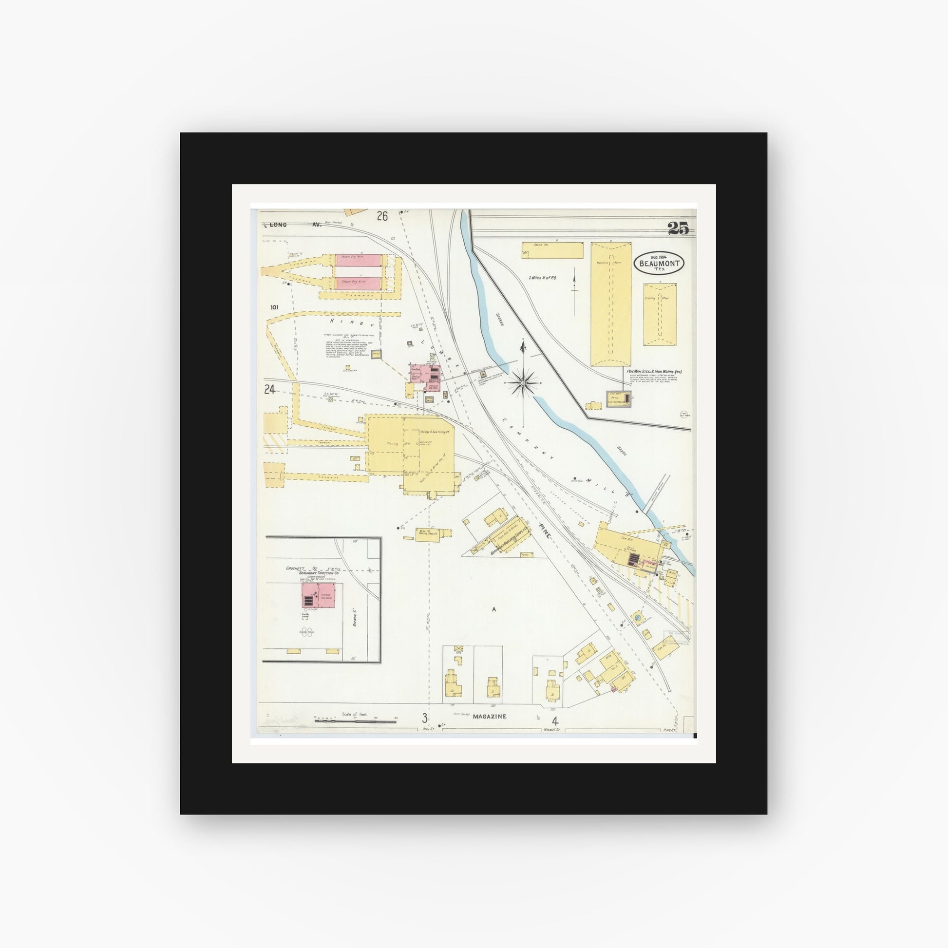 Old map wall art mockup — black gallery frame with white mat — Sanborn Fire Insurance Map from Beaumont, Jefferson County, Texas (1904), Sheet #0025