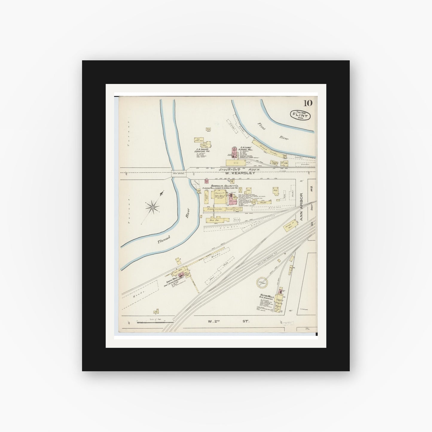 Old map wall art mockup — black gallery frame with white mat — Sanborn Fire Insurance Map from Flint, Genesee County, Michigan (1886), Sheet #0010