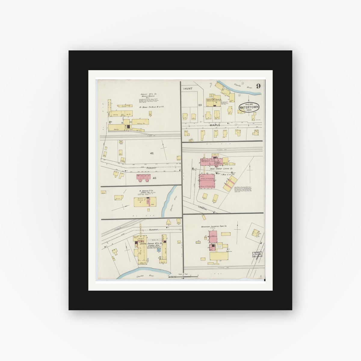 Old map wall art mockup — black gallery frame with white mat — Sanborn Fire Insurance Map from Watertown, Middlesex County, Massachusetts (1894), Sheet #0009