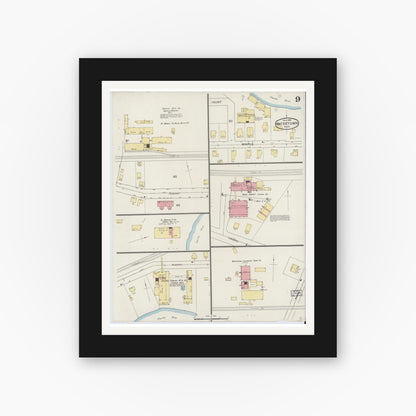 Old map wall art mockup — black gallery frame with white mat — Sanborn Fire Insurance Map from Watertown, Middlesex County, Massachusetts (1894), Sheet #0009