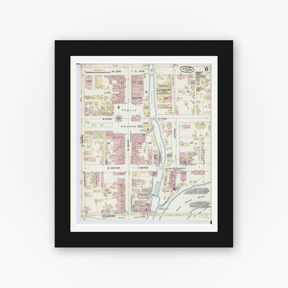 Old map wall art mockup — black gallery frame with white mat — Sanborn Fire Insurance Map from Piqua, Miami County, Ohio (1887), Sheet #0006