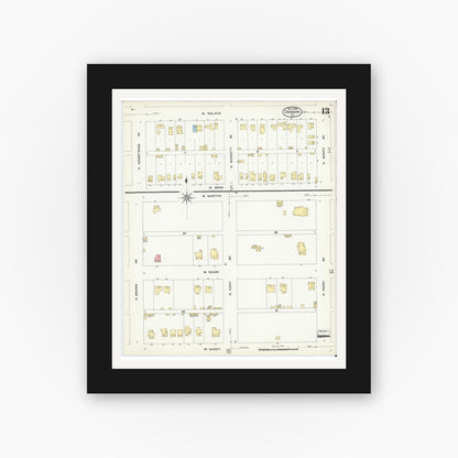 Old map wall art mockup — black gallery frame with white mat — Sanborn Fire Insurance Map from Denison, Grayson County, Texas (1908), Sheet #0013