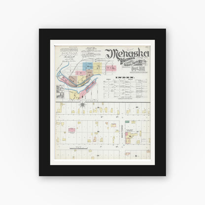 Old map wall art mockup — black gallery frame with white mat — Sanborn Fire Insurance Map from Menasha, Winnebago County, Wisconsin (1891) - Complete Map Set